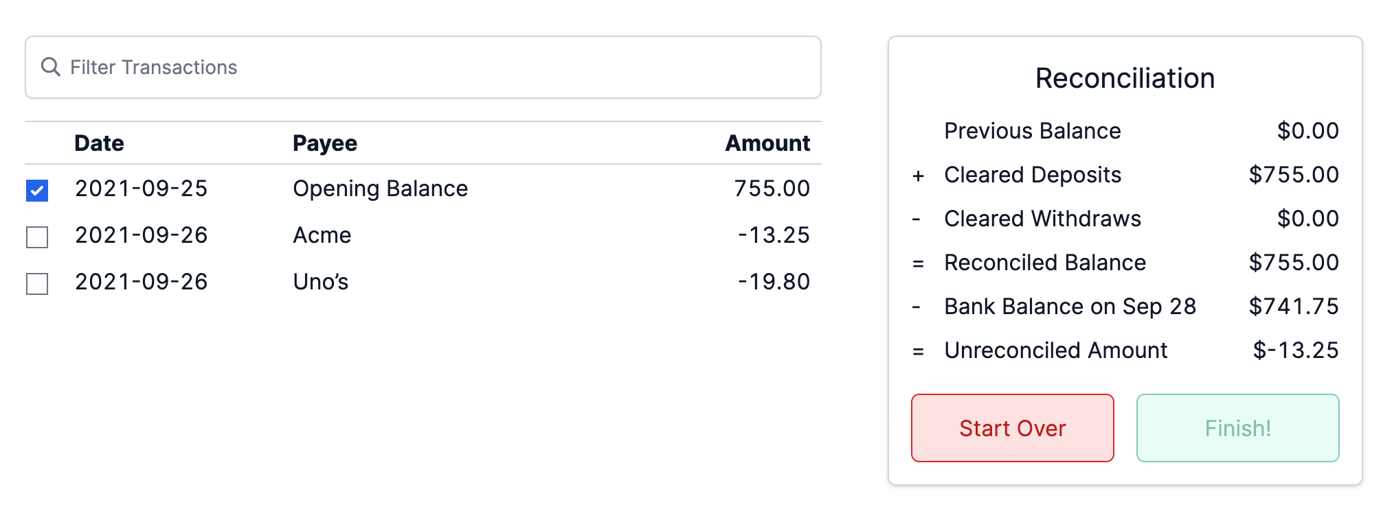 Reconciliation screenshot